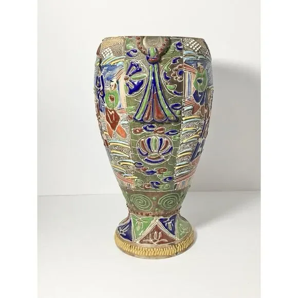 Japanese Meiji Period Satsuma-Style Moriage Ceramic Open Vessel, Scholars 13.5”